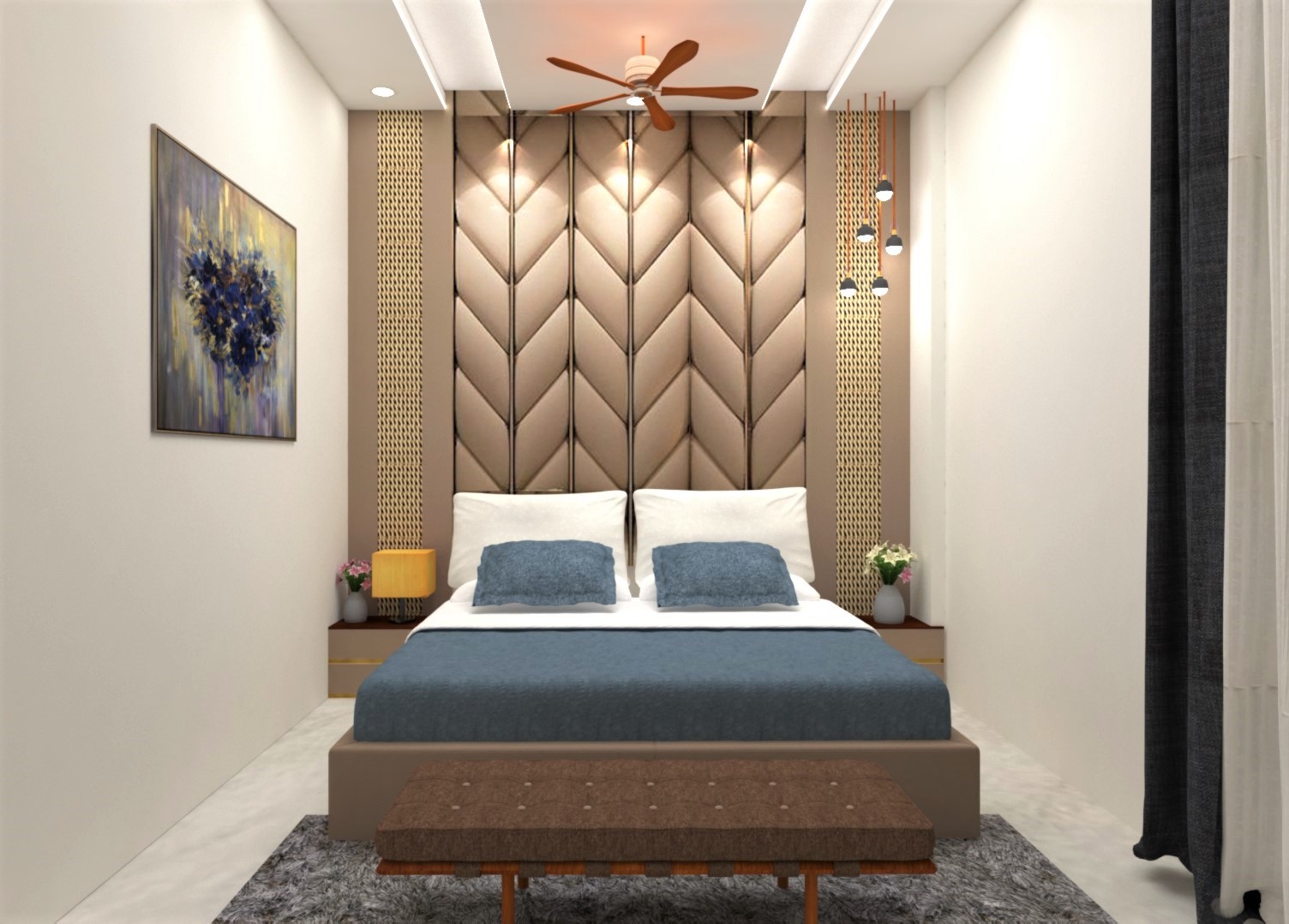 Bedroom designed by AG Design and Build, with a headboard feature wall and recessed lighting