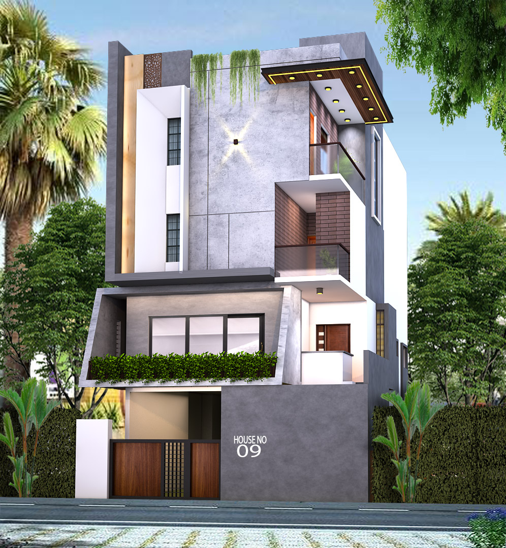 Street-facing elevation of the completed duplex at dusk, with the entrance canopy lit