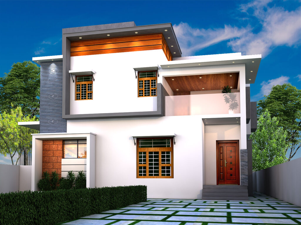 Exterior elevation of an individual duplex house with a timber-clad upper floor and glass balcony rail