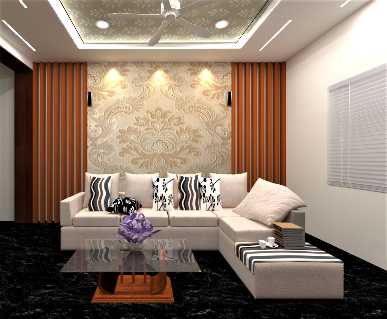 Media wall detail with fluted timber panelling, marble facing and recessed shelf lighting