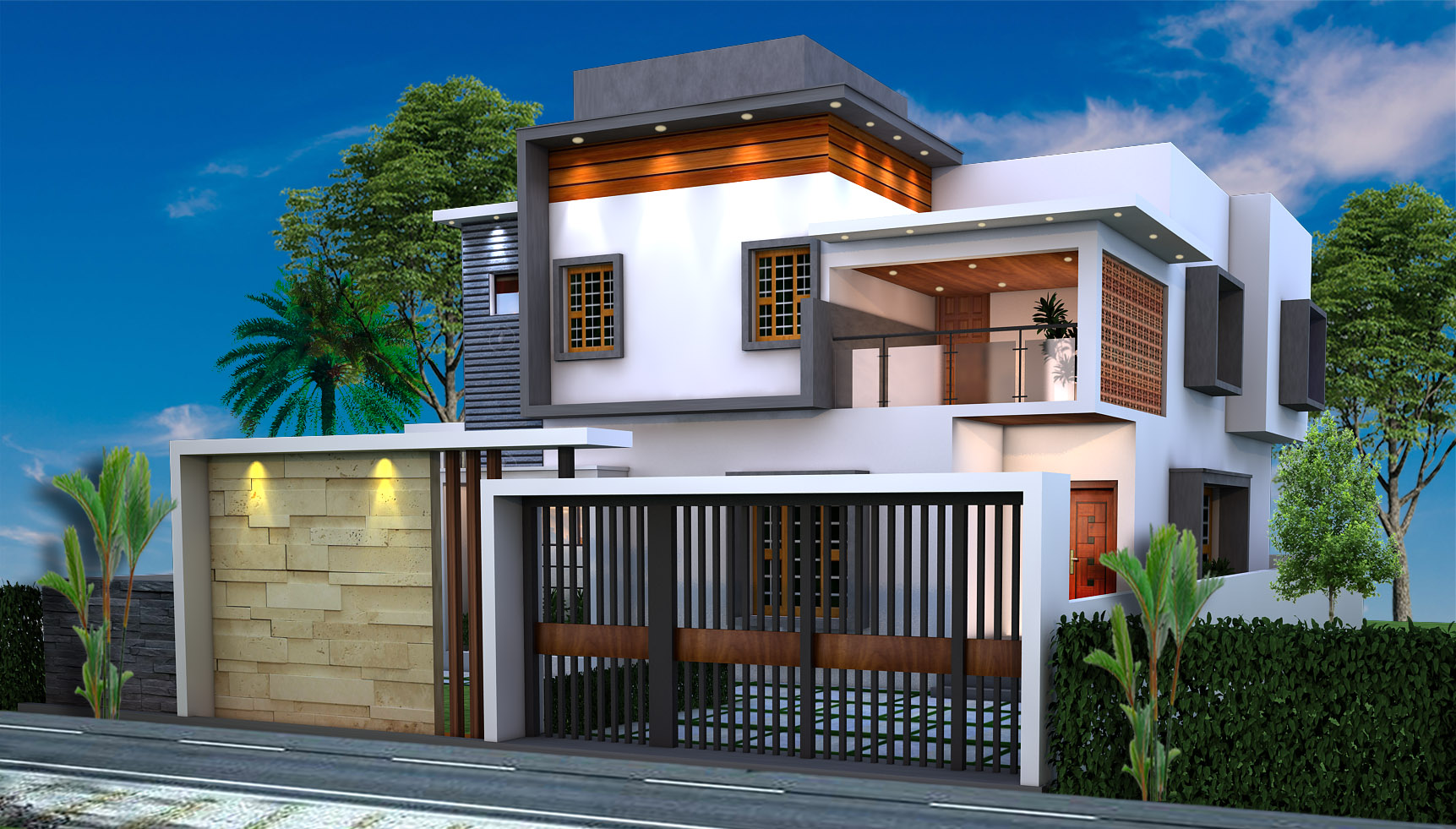 Front elevation study of the residential building showing balcony rhythm and material breaks