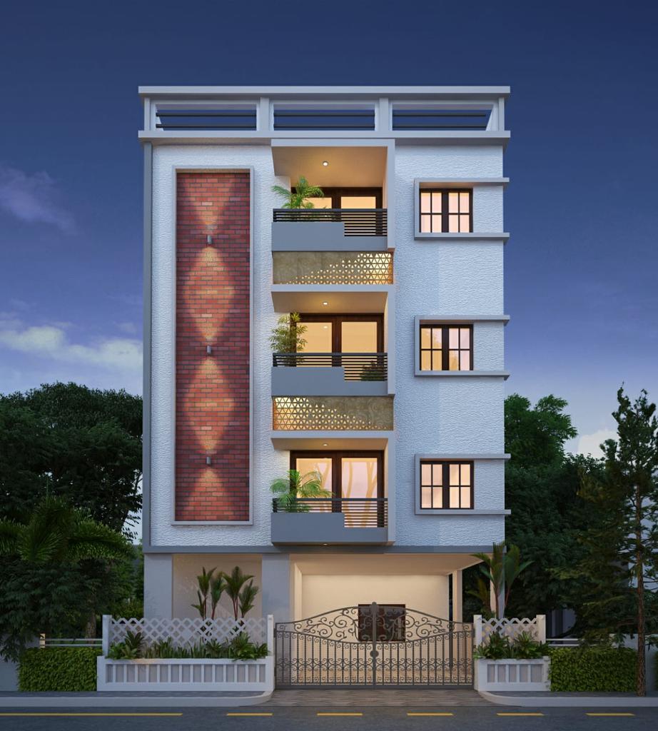 Completed multi-storey residential building with balconies and a brick feature wall